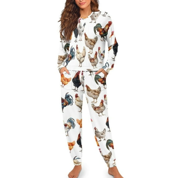 Yuyamidu Chicken Pajamas for Women Size 2XL 2 PCS Breathable Round Neck Sleepwear Pants & Pullover Tops for Vacation Walking Comfy Long Sleeve Nightwear Set with Pockets