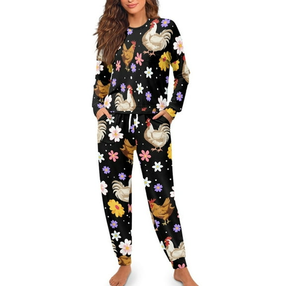 Yuyamidu Chicken Women Pjs Sets Long Sleeve Nightwear 2 Pieces Colorful Floral Pajamas Top and Pants with Pockets Fall Spring Winter Clothing Warm Home Sleepwear Size L