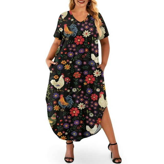 Yuyamidu Chicken Womens Dress Hippie Flower Summer Casual Dresses Long Maxi Dress with Slit Plus Size XL Oversized V-Neck Dresses Trendy Short Sleeve Dresses