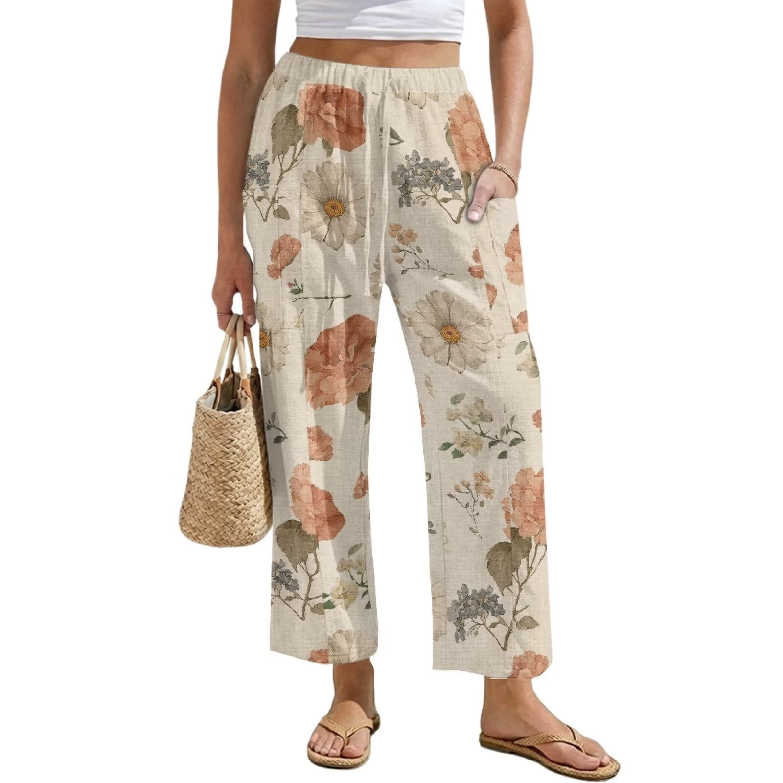 Yuyamidu Chinese Aesthetic Floral Linen Straight Leg Pants for Women Petite Cotton Casual Pants Comfy Straight Leg Travel Trousers Chinese Print Outfits, Size 5XL