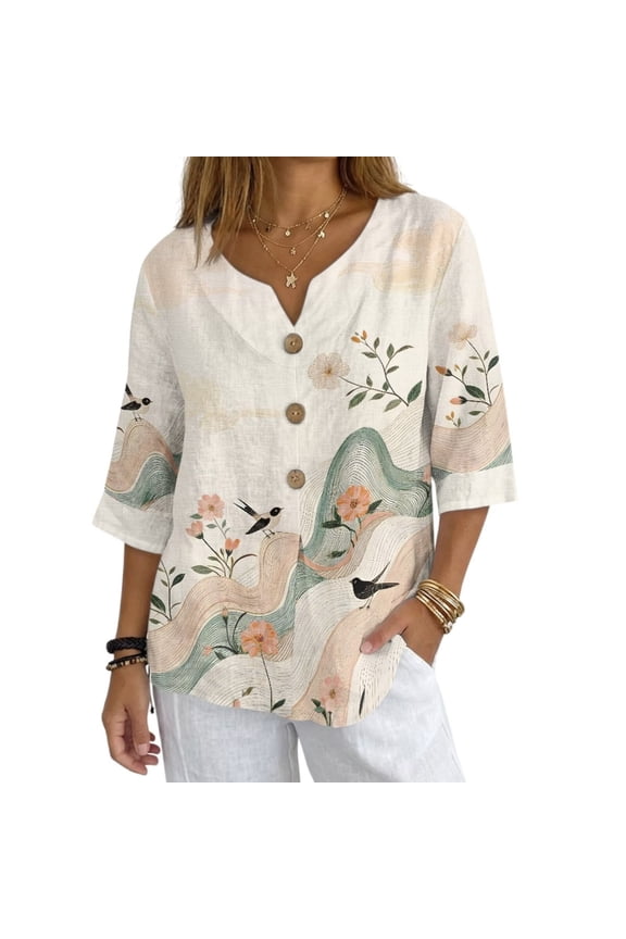 Chinese Bird Floral Ladies Linen Shirt Button Dowm V-Neck Tunic Blouse 3/4 Long Sleeve Dressy Vacation Fashion Clothes Chinese Print Tops, Size M