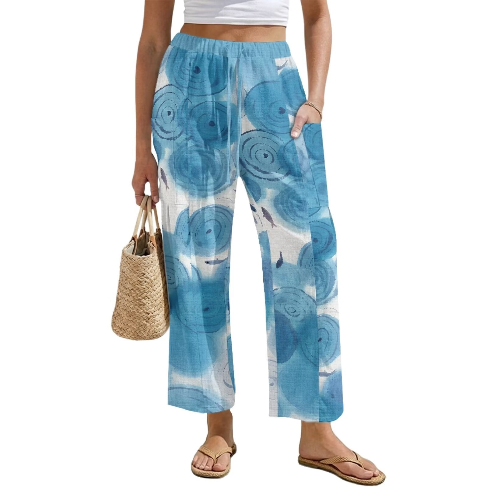 Yuyamidu Chinese Blue Wave Women's Linen Casual Pants Petite Size M Relaxed Fit Flowy Travel Pants Drawstring Lounge Palazzo Trousers Chinese Print Outfits