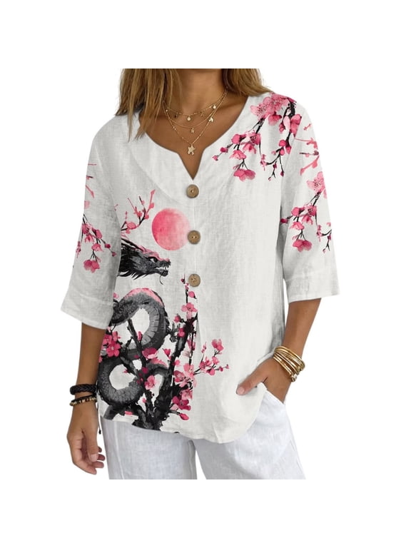 Chinese Dragon Womens Linen Tops Size 3XL 3/4 Sleeve Dressy Linen Blouse Casual Flowy Summer Blouses Shirts Chinese Print Tops