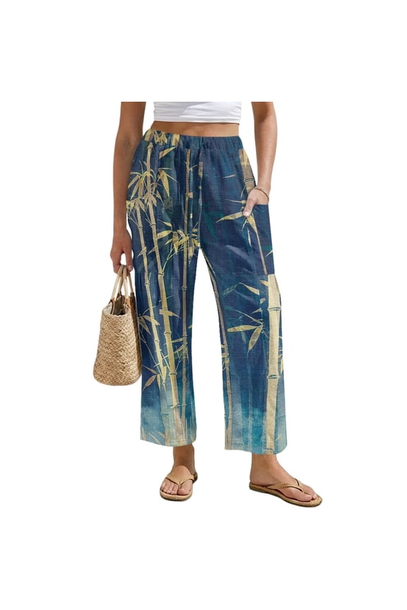 Chinese Gold Leaf Womens Pants Size L Drawstring Petite Line Slacks Pants with 2 Pockets Lightweight Wide Leg Trousers Chinese Print Outfits