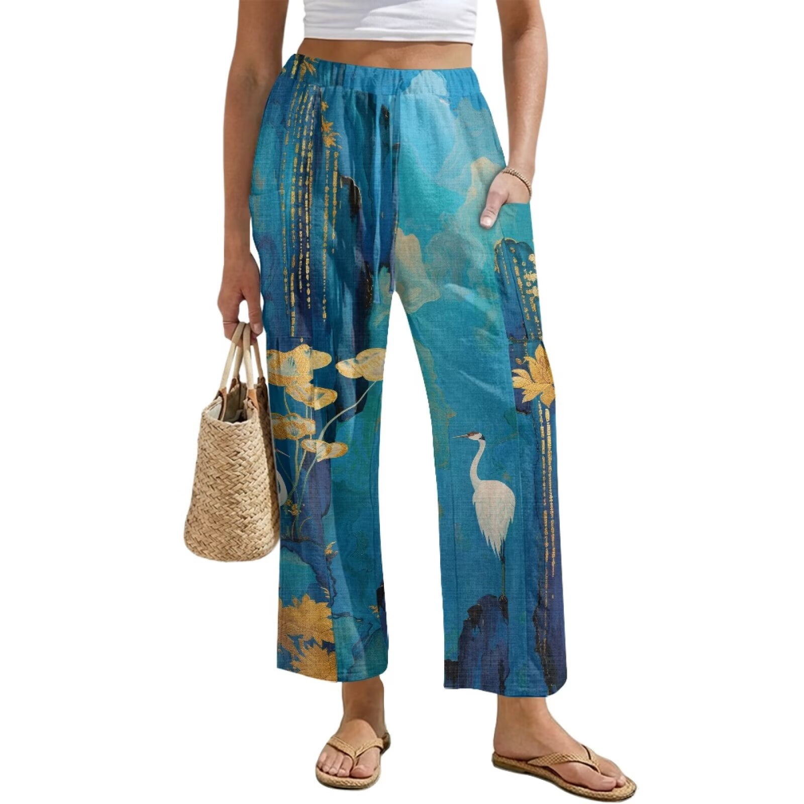 Yuyamidu Chinese Red Crowned Crane Womens Drawstring Straight Leg Pants with Pockets Loose Fit Line Palazzo Pants Petite High Waisted Lounge Trousers Chinese Print Outfits, Size 3XL
