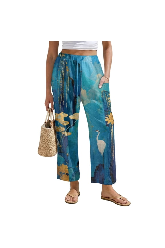 Chinese Red Crowned Crane Womens Drawstring Straight Leg Pants with Pockets Loose Fit Line Palazzo Pants Petite High Waisted Lounge Trousers Chinese Print Outfits, Size S