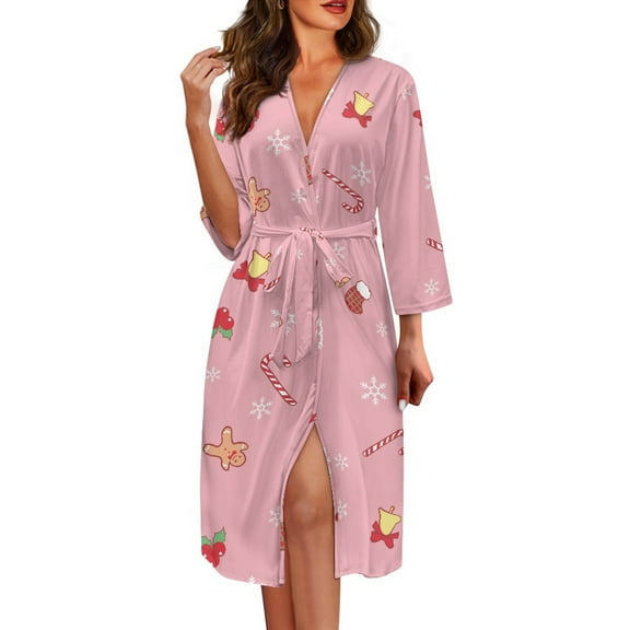 Yuyamidu Christmas Bathrobe Women Kimono Robes Xmas Bell Long Spa Bath Robe Candy Canes V-Neck Dressing Gown Ladies Sleepwear Pajamas Size L Pink Nightgowns