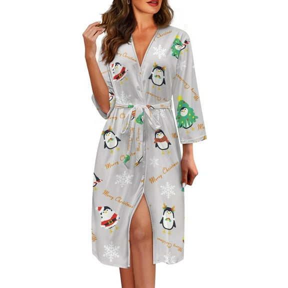 Yuyamidu Christmas Bathrobe for Women Penguin Kimono Robes Snowflake Long Sleeves Bath Robe Casual Housecoat Nightgown Size L Soft Pjs Sleepdress with Waist Belt