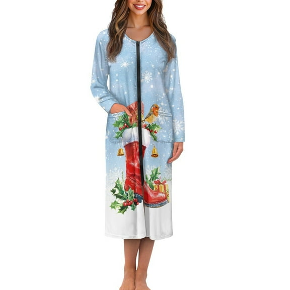 Yuyamidu Christmas Bathrobes for Women Zipper Front Sleepwear Xmas Shoes Crewneck Robe Holly Long Dressing Gown Plus Size 4XL Blue Mid-Calf Length Robes with Pockets