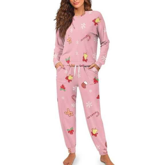 Yuyamidu Christmas Bell Pajama Set of 2 Pink Women's Long Sleeve Night Top and Long Pants with Pockets Size M Candy Canes Round Neck Sleepwear for Yoga Sleep Jogger Pjs