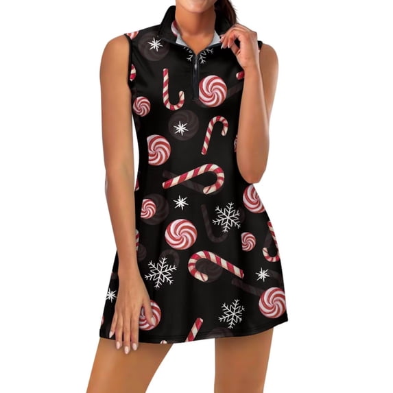 Yuyamidu Christmas Candy Cane Sleeveless Golf Dress for Ladies Breathable Fabric, Built-in Shorts with Pockets, Slim Fit, Suitable for Golf, Christmas Holiday Sports Activities
