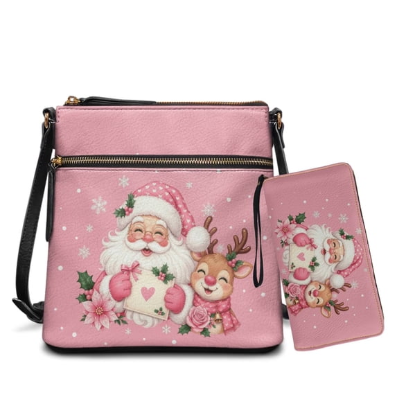Yuyamidu Christmas Crossbody Bag for Women with Wallet PU Leather 2‑Piece Set Pink Santa Reindeer Handbag Sling Bag Ideal for Christmas Gift, Daily Use, Shopping, Travel