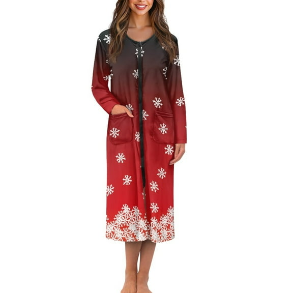 Yuyamidu Christmas Full Zip Long Sleeve Bathrobes for Ladies Snowflake Crew Neck Robes Lightweight Long Sleeve Bathrobe Red Mid-Length Spa Robe Soft Long Housecoat Size L