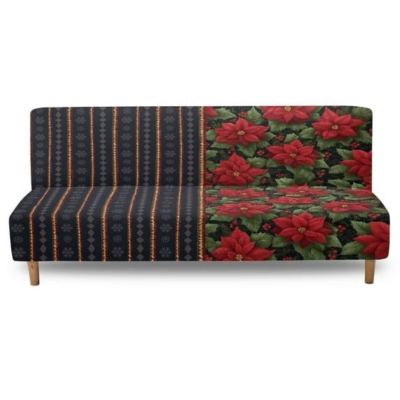 Yuyamidu Christmas Futon Cover Armless Sofa Covers Poinsettia Stretch Futon Couch Cover Easy to Install Sofa Bed Slipcover Protector Gift for Holiday