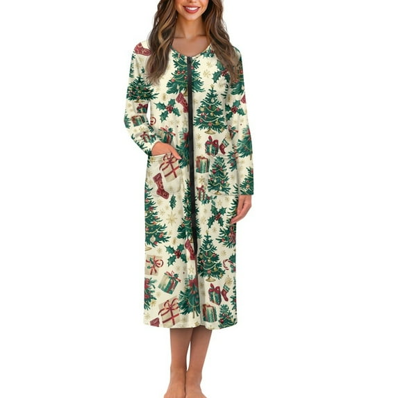 Yuyamidu Christmas Ladies Robes with Zipper Front Bathrobe Xmas Tree Long Sleeve Pajama House Coat Snowflake Loungewear Soft Long Sleeves Crewneck Sleep Dress Size S