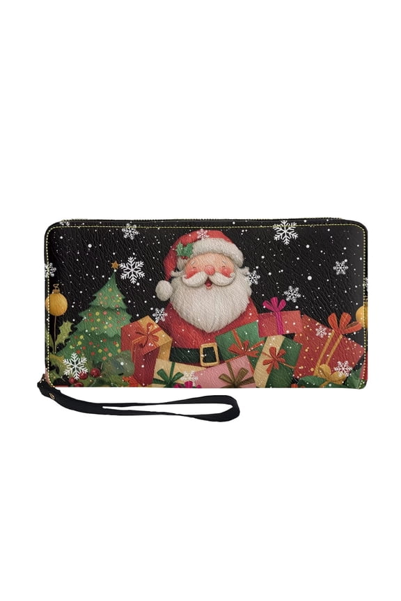 Christmas Leather Long Wallet with Wristlet Santa Claus Coin Purse with Zipper Wrist Strap Xmas Tree Small Wallet