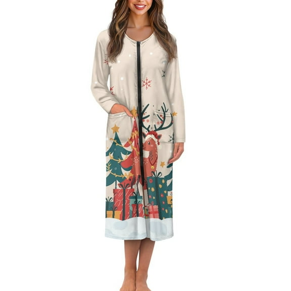 Yuyamidu Christmas Long Sleeve Bathrobe for Women Reindeer Zipper Up Housecoat Xmas Tree Zip Front Robe Ladies Sleepwear Long Spa Robes Size 4XL Xmas Nightgowns
