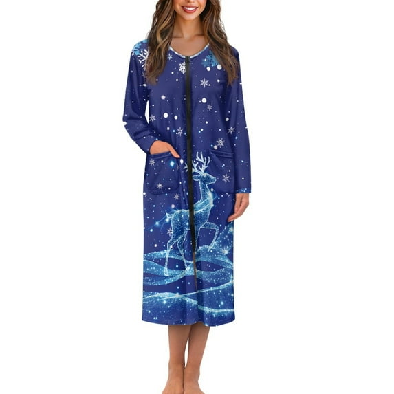 Yuyamidu Christmas Long Sleeve Robe for Women After Shower Reindeer Bathrobe Nightgown Blue Long Dressing Gown Soft Zipper Front Robes Sleep Wear Size M