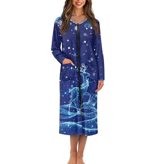 Yuyamidu Christmas Long Sleeve Robe for Women After Shower Reindeer Bathrobe Nightgown Blue Long Dressing Gown Soft Zipper Front Robes Sleep Wear Size 2XL