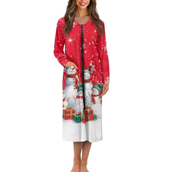 Yuyamidu Christmas Long Sleeve Robes for Women Snowman Mid-Length Night Robe Size S Red Ladies Bathrobe Long Sleepwear Lightweight Zipper Front Housecoat
