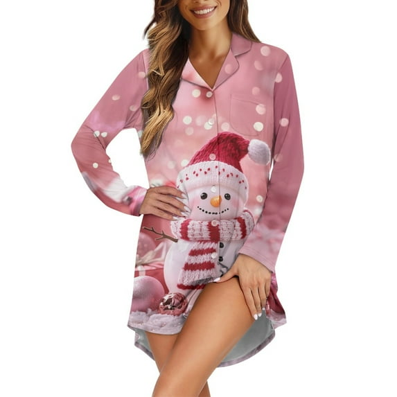 Yuyamidu Christmas Nightgowns for Women with Pockets Snowman Pajama Cute Pink Button Up Sleep Shirt Soft Long Sleeve Postpartum Pjs Comfy V Neck Sleep Shirt Size L