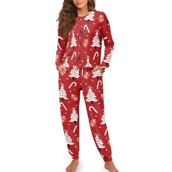 Yuyamidu Christmas Pajama Set of 2 Pieces Red Women's Long Sleeve Sweatshirt and Sweatpants with Pockets Xmas Tree Sleepwear Vacation Sport Jogger Sets Size L