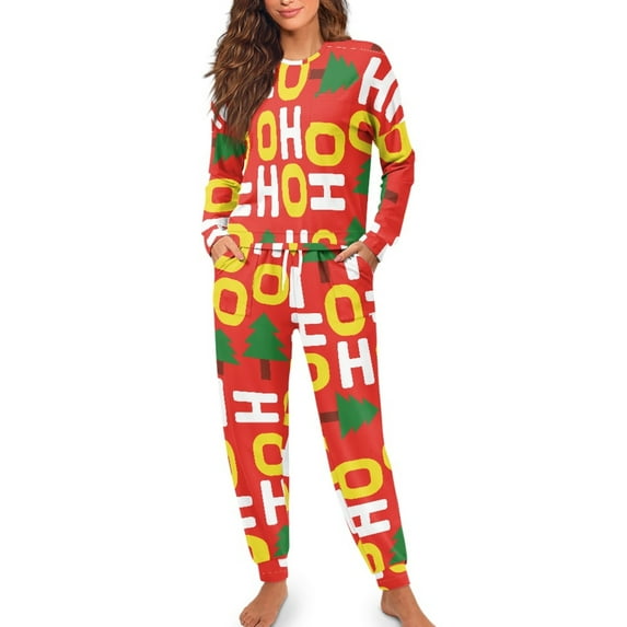 Yuyamidu Christmas Pajamas Set of 2 HO-HO-HO Sleepwear Pjs Womens Long Sleeve Pj Tops Long Pants with Drawstring Xmas Tree Sleep Jogger Night Clothes Size L, Red