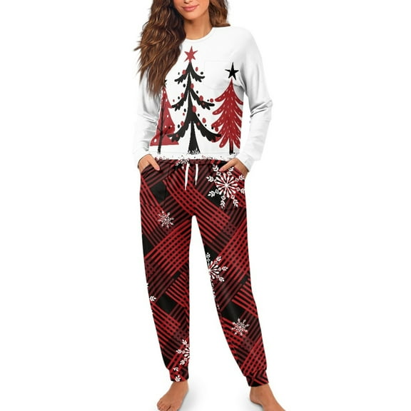 Yuyamidu Christmas Pajamas Sets for Women Size L 2 PCS White Sleepwear Top and Red Long Pants with Pockets Xmas Tree Long Sleeve Pj Snowflake Crewneck Nightwear