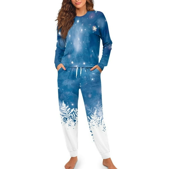 Yuyamidu Christmas Pajamas Sets for Women Size S 2 PCS Snowflake Sleepwear Top and Long Pants with Pockets Comfy Long Sleeve Pajama Blue Crewneck Nightwear