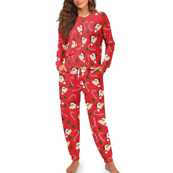 Yuyamidu Christmas Pajamas Women Nightwear Reindeer Sleepwear Pajama Set Size XL Candy Canes Long Sleeve Pjs Set of 2 Christmas Nightclothes Top and Pants, Red