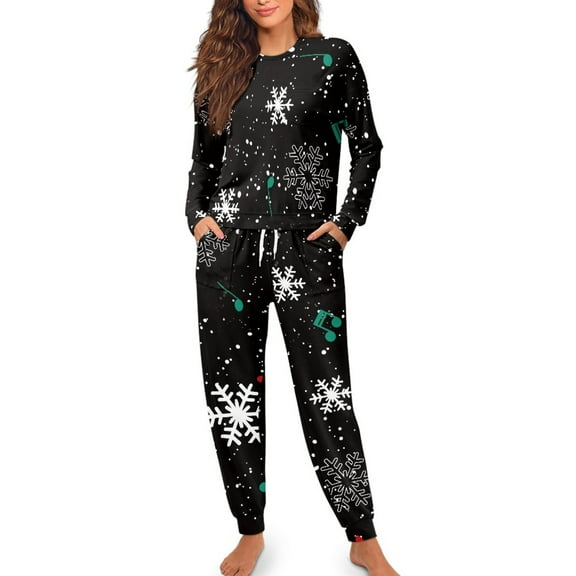 Yuyamidu Christmas Pajamas for Women Size M 2 PCS Snowflake Round Neck Sleepwear Pants & Tops for Spring Fall Winter Music Note Long Sleeve Pj Nightwear Set, Black