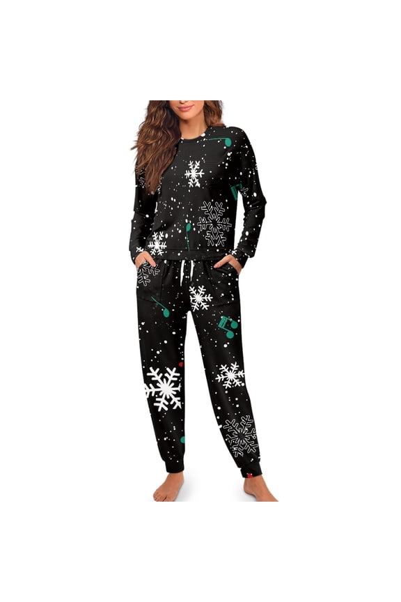 Christmas Pajamas for Women Size M 2 PCS Snowflake Round Neck Sleepwear Pants & Tops for Spring Fall Winter Music Note Long Sleeve Pj Nightwear Set, Black