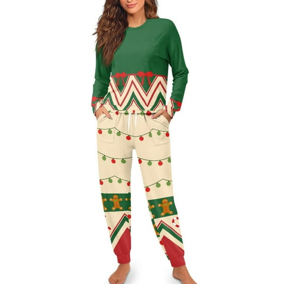 Yuyamidu Christmas Pajamas for Women Size M 2 Piece Colorful Light Long Sleeve Pj Top Pant Gingerbread Man Sleep Set Casual Nightwear for Fall Spring Winter