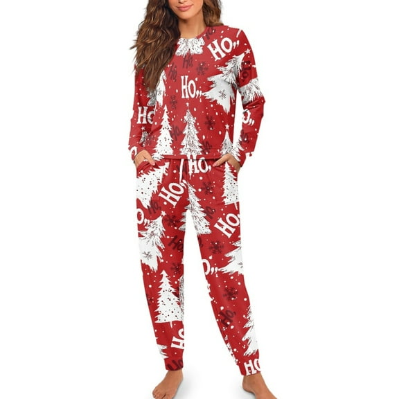 Yuyamidu Christmas Pjs Nightwear for Women Long Sleeve Pajama Set HO-HO-HO Sleep Tops with Long Sweatpants 2 Pieces Xmas Tree Sleepwear for Ladies Size S, Red