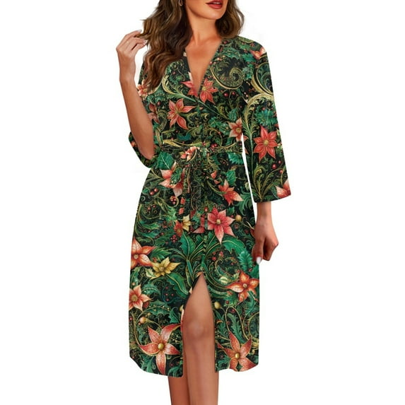 Yuyamidu Christmas Robe for Women Long Dressing Gown Poinsettia Mid-Length Robes Size M Ladies V-Neck Bathrobe with Waist Belt Casual Long Sleeve Sleepwear