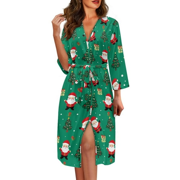 Yuyamidu Christmas Robe for Women After Shower Santa Claus Bath Robes Female Spa Bathrobe Size 2XL Xmas Tree V-Neck Nightgowns Dress for Sleep Party, Green