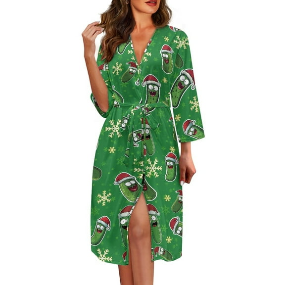 Yuyamidu Christmas Robe for Women After Shower Xmas Cucumber V Neck Bathrobe Nightgown Womens Lingerie Robes Snowflake Long Dressing Gown Size 2XL, Green