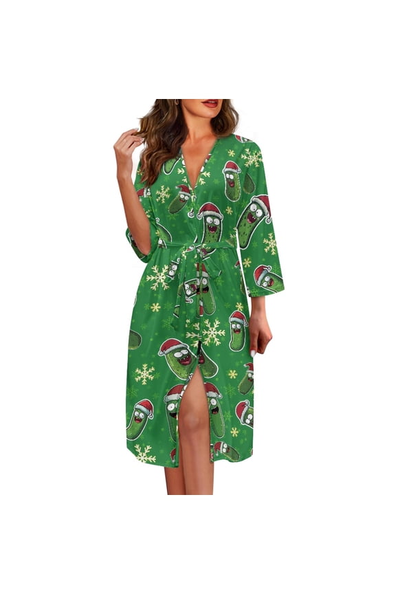 Christmas Robe for Women After Shower Xmas Cucumber V Neck Bathrobe Nightgown Womens Lingerie Robes Snowflake Long Dressing Gown Size XL, Green