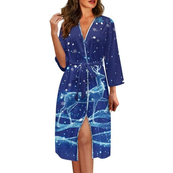 Yuyamidu Christmas Robes for Women Bathrobe Reindeer Long Sleeves Kimono Spa Robe Size 2XL Snowflake House Coat Blue V-Neck Night Gowns Soft Sleep Dress