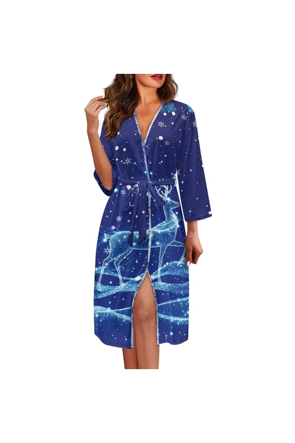 Christmas Robes for Women Bathrobe Reindeer Long Sleeves Kimono Spa Robe Size XL Snowflake House Coat Blue V-Neck Night Gowns Soft Sleep Dress