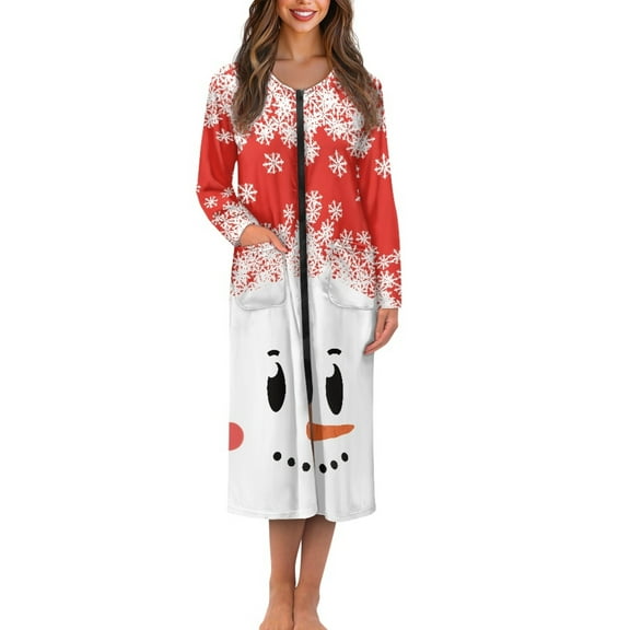 Yuyamidu Christmas Robes for Women Mid-Length with Zipper Cute Snowman Crew Neck Bathrobe Snowflake Sleep Nightgown Lightweight Long Sleeve Sleepwear Gowns Size 4XL