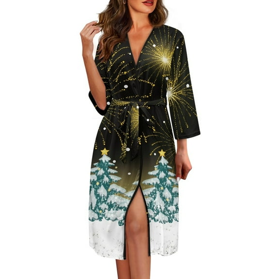 Yuyamidu Christmas Robes for Women Xmas Tree V-Neck Loungewear Soft Bathrobe Sleepwear Casual Mid-Length Night Robe Size XL Comfy Long Sleeves Kimono Robe with Waist Belt