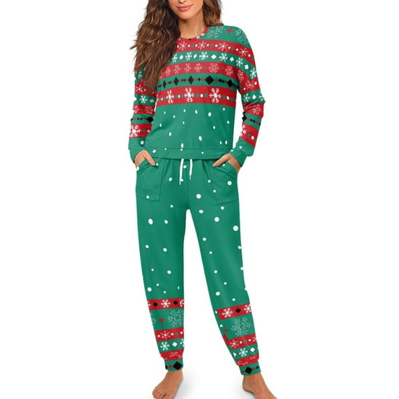 Yuyamidu Christmas Sleepwear Set Bat Long Sleeve Pajamas for Women Size 2XL Snowflake Crewneck Pajama Outfits Xmas Sleep Set of 2 Fall Winter Pjs Jogger Pants for Ladies