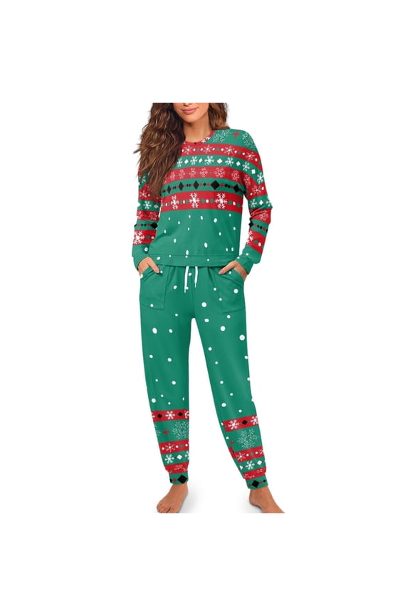 Christmas Sleepwear Set Bat Long Sleeve Pajamas for Women Size M Snowflake Crewneck Pajama Outfits Xmas Sleep Set of 2 Fall Winter Pjs Jogger Pants for Ladies