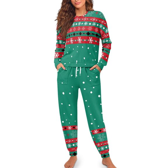 Yuyamidu Christmas Sleepwear Set Bat Long Sleeve Pajamas for Women Size XL Snowflake Crewneck Pajama Outfits Xmas Sleep Set of 2 Fall Winter Pjs Jogger Pants for Ladies
