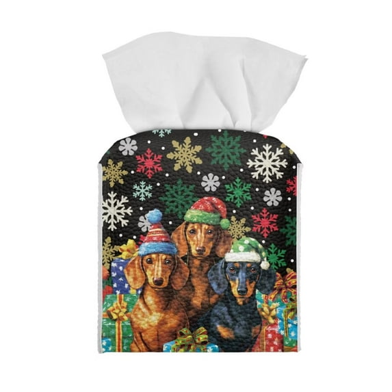 Yuyamidu Christmas Square Tissue Box Cover for Women Dachshund PU Leather Tissue Box Holder with Bottom Belt Replacement Toilet Paper Holder for athroom Vanity Countertop, Night Stands