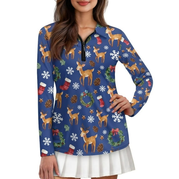 Yuyamidu Christmas Women's Golf Shirts Deer Wreaths Zipper V-Neck Long Sleeve Golf Tennis Shirts Hiking Athletic Workout Yoga Tops Size M, Blue