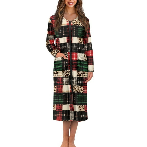 Yuyamidu Christmas Zipper Front Robes Women House Coat Buffalo Grid Long Sleeve Bathrobe Leopard Print Spa Robe Size XL Comfy Crewneck Long Nightgowns Loose Pajama Dress
