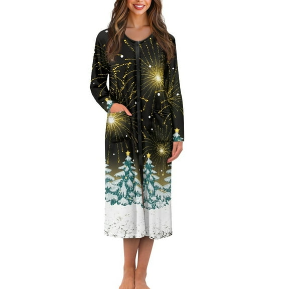 Yuyamidu Christmas Zipper Front Robes for Women Long Sleeve Bathrobe Xmas Tree Round Neck Nightgowns Robe Breathable Pajama Dress Soft Mid-Length Sleepwear Size 4XL