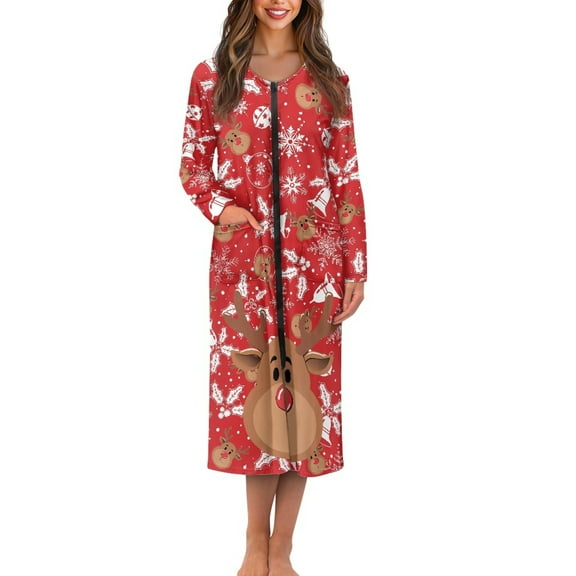 Yuyamidu Christmas Zipper Robes for Women Plus Size M Reindeer Long Sleeve Bathrobe Sleepwear Xmas Bell Pjs Dresses Soft Nightgown Red Round Neck Night Clothes